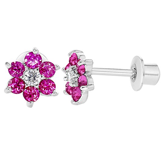 Rhodium Plated Flower Fuchsia Pink Crystals Screw Back Earrings for Babies Kids