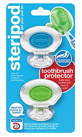 Steripod Clip-on Toothbrush Protector (2 Pack Clear Blue & Clear Green) I Protects Against Soap, Dirt and Hair I For Travel, Home, Camping
