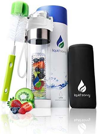 Liquid Savvy 24oz Water Infuser – Fruit Infused Water Bottle with Bottle Brush, Neoprene Insulated Sleeve, Leak Proof Flip Top Lid, Toxin-Free Plastic with Bottom Infusing Design and Strainer