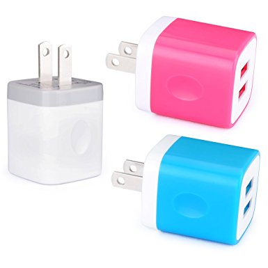 Wall Charger, FiveBox 3 Pack 2.1A/5V Portable Dual USB Travel Wall Home Charger Power Adapter Plug for iPhone 7 Plus 5S 6S SE, iPad Air, Samsung Galaxy S7 S6 Edge, Note4/5, Android, HTC, Google, Nokia