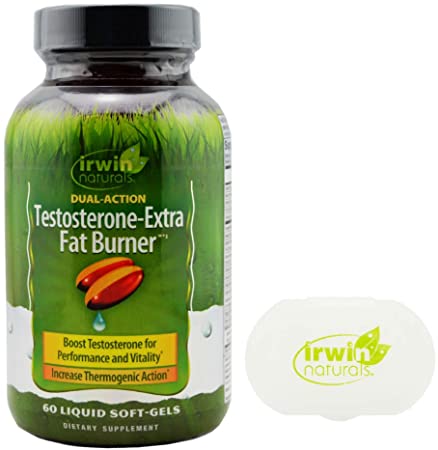 Irwin Naturals Testosterone Extra Fat Burner Supplement, 60 Liquid Soft Gels Bundle with a Pill Case