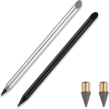 2pcs Metal Inkless Pencil with BONUS 2 Replaceable Nibs, Metal Inkless Pen Erasable Pen Metallic Pencil Reusable Everlasting Pencil for Writing Drawing Home Office School Supplies (Black & Silver).