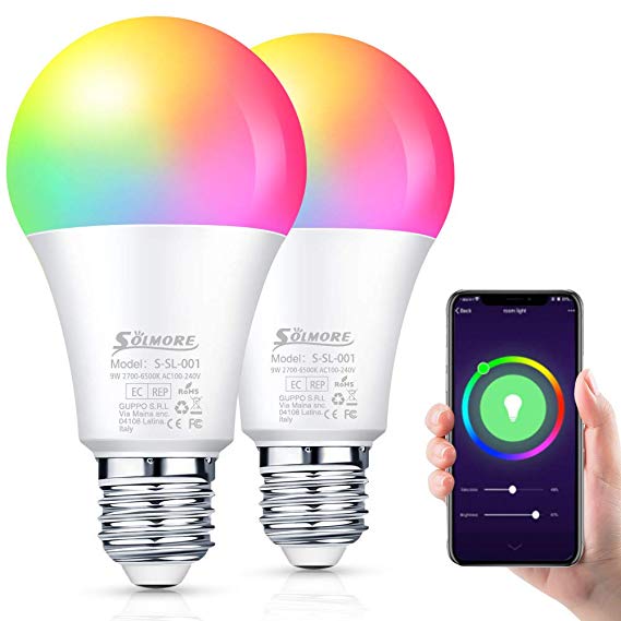 Smart WiFi Light Bulb SOLMORE E26 Dimmable Smart LED Bulb Multicolor WiFi Smart Lights Bulb Compatible with Alexa, Echo, Google Home and IFTTT (No Hub Required) 9W (2 Pack)