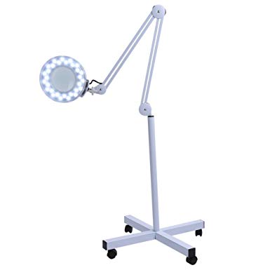 5X Magnifying Lamp Adjustable Swivel Arm Magnifier Lamp Light for Skincare Beauty Manicure Tattoo Salon Spa with Rolling Floor Stand (White)