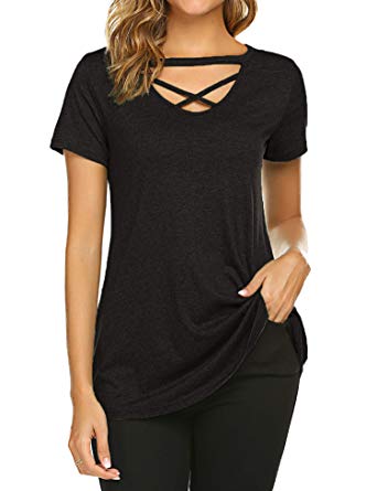 Womens Short Sleeve Criss Cross Tops Casual Choker T Shirt Tees Summer Tunic Tops
