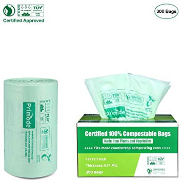 Primode 100% Compostable Bags, 3 Gallon Food Scraps Yard Waste Bags, Extra Thick 0.71 Mil. ASTMD6400 Biodegradable Compost Bags Small Kitchen Trash Bags, Certified by BPI and VINCETTE, (300)