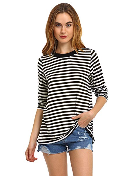 Romwe Women's Stripe Long Sleeve Casual Loose Top T-Shirt