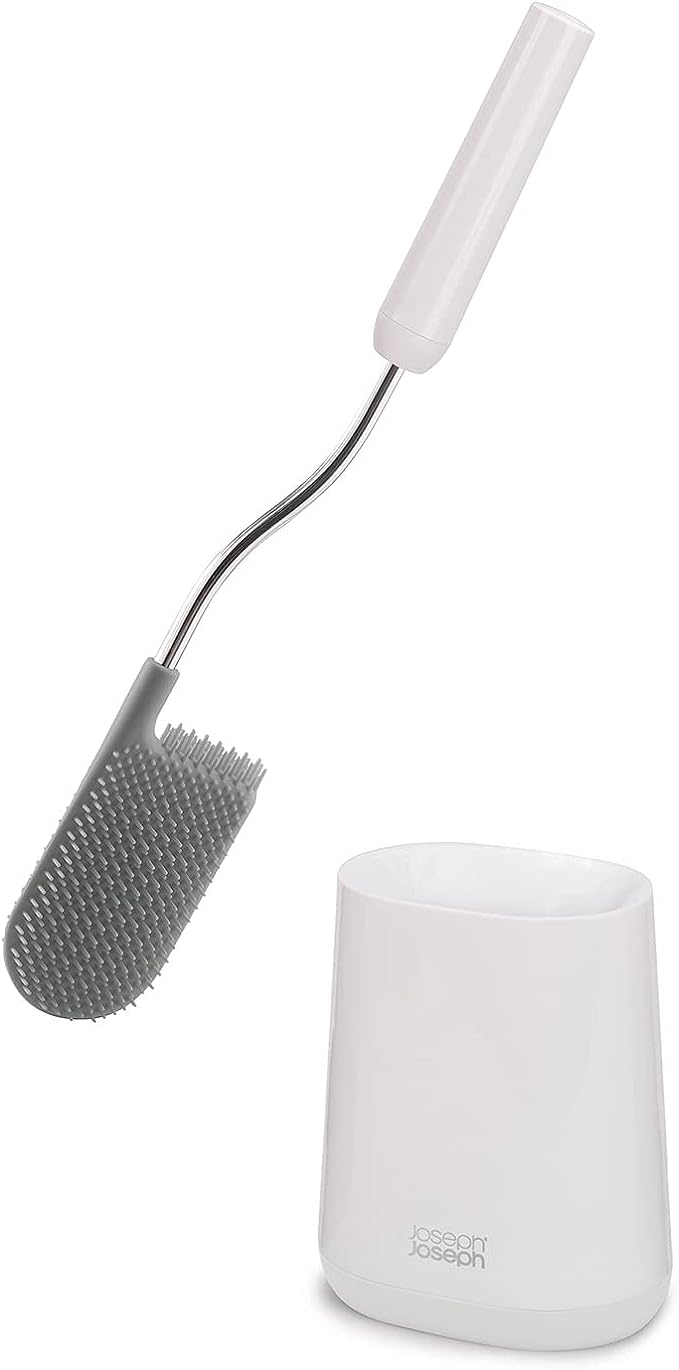 Joseph Joseph Flex Lite - Silicone Toilet Brush with Slimline Holde Set, Flexible Anti-drip, Anti-clog Deep Clean Head, White, Small