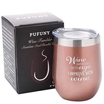 Pufuny Wine Improves with Age,I Improve with Wine,Stainless Steel 12 oz Wine Glass Tumbler with Lid,Unique Gift Idea for Women | Customized With Funny Sayings