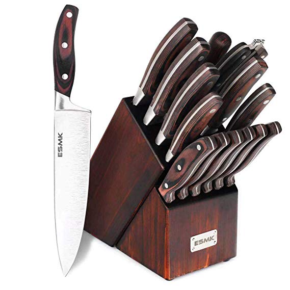Knife Set, 15-Piece Kitchen Knife Set with Block Wooden German Stainless  Steel