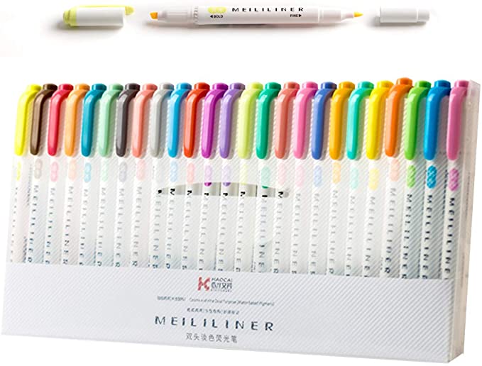 25 colors highlighter pens,mild Color Double-Sided Highlighter Pens, 25 Full Color Set(Standard 15 Color   New 10 Color)