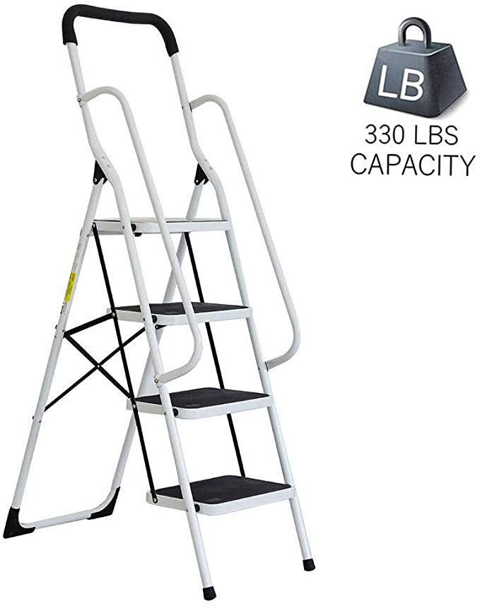 Dporticus Portable Anti-Slip 4 Step Ladder with Wide Pedal and Sturdy Handrails Folding Safty Steel Step Stool Multi-Use for Household,Market, Office