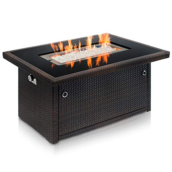 Outland Living Series 401 Brown 44-Inch Outdoor Propane Gas Fire Pit Table, Black Tempered Tabletop w/Arctic Ice Glass Rocks and Resin Wicker Panels, Espresso Rectangle