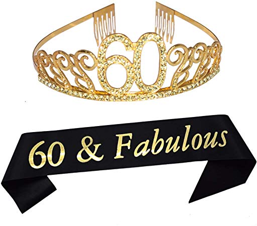 60th Birthday Tiara and Sash Happy 60th Birthday Party Supplies 60 Fabulous Black Glitter Satin Sash and Crystal Tiara Princess Birthday Crown for Women 60th Birthday Party Decorations