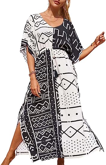 Bsubseach Geometric Print Kaftan Dresses for Women Caftans Loungewear with Waist Drawstring