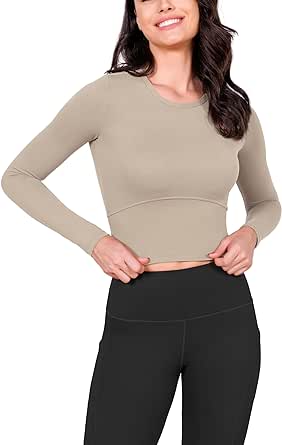 ODODOS Cloud Feeling Long Sleeve Crop Tops for Women Crew Neck Athletic Gym Workout Yoga Tee Shirts