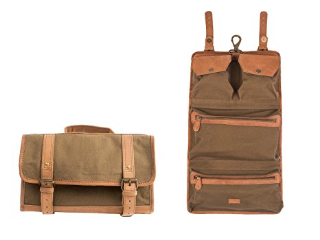 Dwellbee Canvas and Leather Hanging Toiletry Bag (Olive Canvas, Tan Cowhide)
