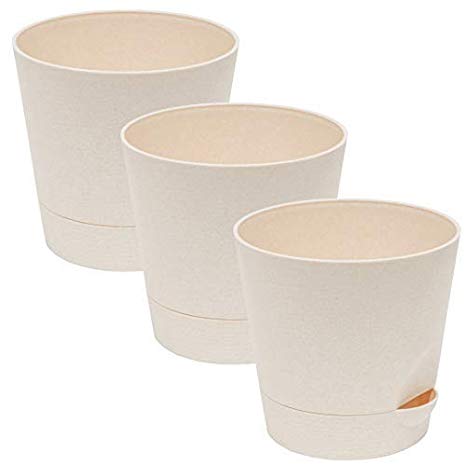 Flower Pots Self Watering Planter Pot Great for African Violet Plants and Flowers, Round Cylinder Pots with Drainage Built-in Saucer Tray, Indoor and Outdoor, Light-Beige Color, 5.5-Inch. Pack of 3.