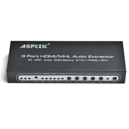 AGPtek 4Kx2K 3 Port HDMI/MHL Switch with IR remote 4K ARC Audio EDID setting 5.1CH/PASS/2CH- Support Full HD 1080P, Full 3D