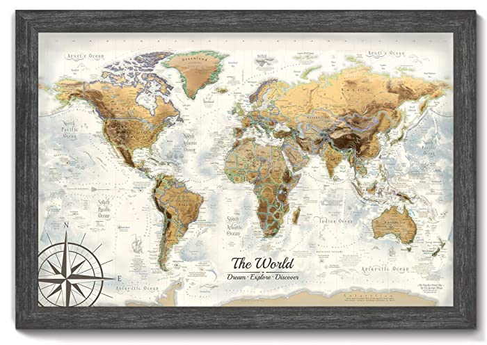 Executive World Push Pin Map - The Magellan World Map - Large Framed Map - Professional Cartography