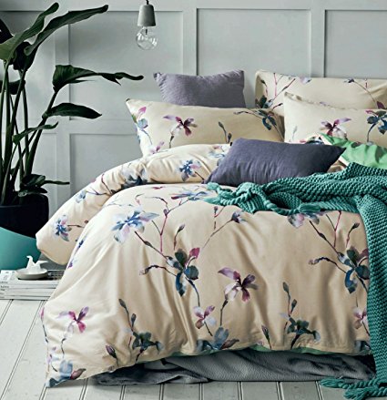 Modern Watercolor Flowers Print Duvet Quilt Cover 3pc Set Lilac Orchid Magnolia Blossom Leaf Branches Cotton Sateen 300tc Luxury Floral Bedding (Queen, Beige)
