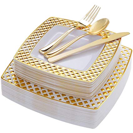 WDF 125PCS Gold Plastic Plates with Disposable Plastic Silverware,Diamond Square Plastic Tableware include 25 Dinner Plates,25 Salad Plates,25 Forks, 25 Knives, 25 Spoons