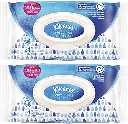 Kleenex Wet Wipes - Gentle Clean - Thick & Soft - 24 Count Wet Wipes Per Package - Pack of 2 Packages