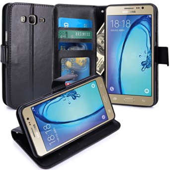 Galaxy On5 Case, LK Luxury PU Leather Wallet Flip Protective Case Cover with Card Slots & Stand For Samsung Galaxy On5 (Black)