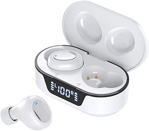 True Wireless Earbuds Bluetooth Earbuds 5.0 Earbuds in-Ear TWS Stereo Headphones with Smart LED Display Charging Case, Built-in Mic with Deep Bass for Sports and Work Earbuds Bluetooth (White) TW16