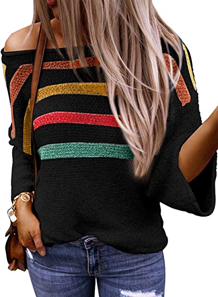 Dokotoo Womens Cute Summer Color Block Striped Lightweight Comfy Cable Knit Beach Pullover Sweaters