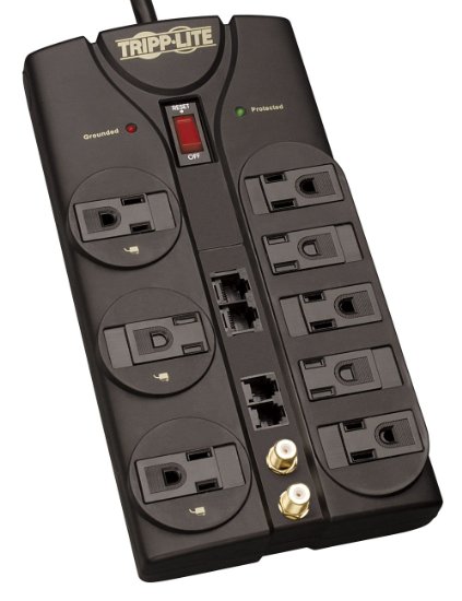 Tripp Lite 8 Outlet Surge Protector Power Strip TelModemCoaxEthernet 10ft Cord Right Angle Plug 3240 Joules TLP810NET