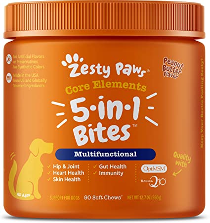 Zesty Paws, 5-in-1 Multivitamin Bites for Dogs, All Ages, Peanut Butter Flavour, 90 Soft Chews