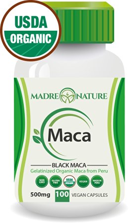 Certified Organic Gelatinized Black Maca Root Powder Supplement - 500mg X 100 Capsules (Vegan) - Peruvian Andes - Gluten-free