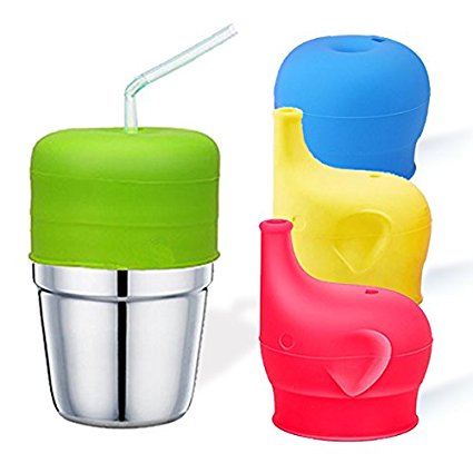 Silicone Sippy Cup Lids, TASUCY Make Any Cup Spill-Proof Training Cup or Bottle, BPA Free, Leak Proof for Babies Toddlers and Kids (2 Pack Straw lids   2 Pack Elephant Spout Lids) (4PCS)