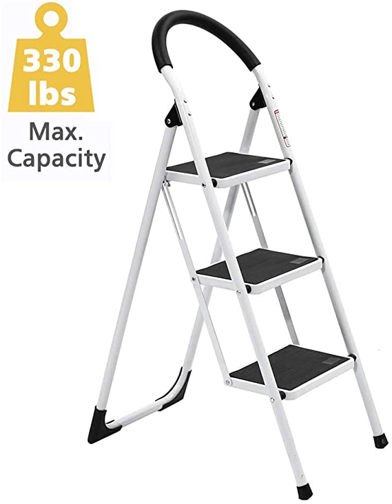 KINGSO 3 Step Ladder, Folding Step Stool with Rubber Wide Anti-Slip Pedal Sturdy Steel Ladder, Lightweight 330lbs Capacity, Silver Finish