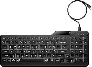 HP 400 Backlit Wired Keyboard (Ash Wired) - Warm White LED Illuminated Keys w/ 3 Brightness Levels - Slim & Portable Design - 12 Programmable Keys - Spill-Resistant, Sanitizable