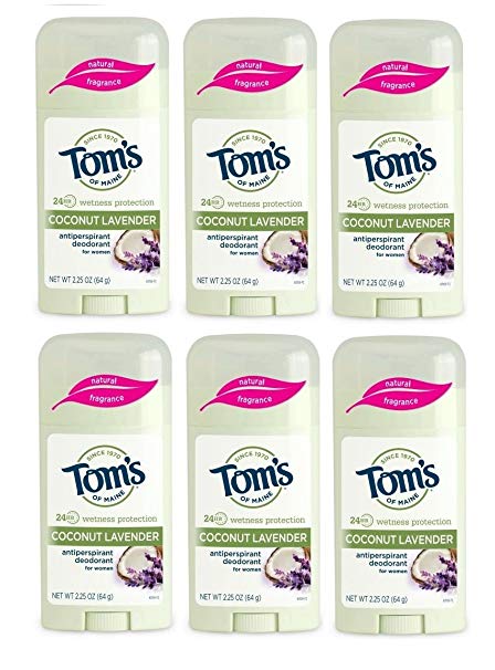 Tom's of Maine Women's Natural Stick Antiperspirant, Coconut Lavender, 2.25 Ounce, Pack of 6