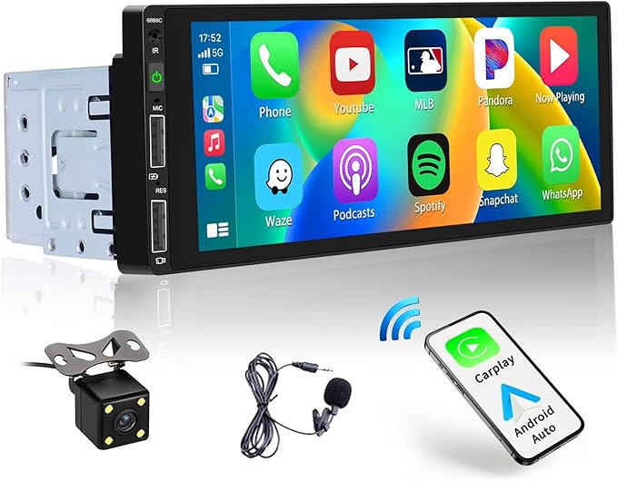 6.9 Inch Wireless Apple Carplay Car Stereo Single Din Touch Screen Car Radio with Bluetooth 5.0 Support Android Auto Mirror Link FM EQ SWC, Car Audio Receiver with USB/SWC/MIC/AUX-in