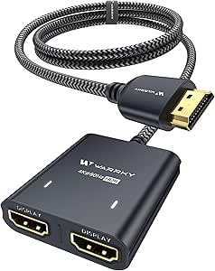 WARRKY HDMI Splitter 4K, 1x2 HDMI Display Duplicate/Mirror, HDMI Splitter 1 in 2 Out [Metal Shell, 3.3 Ft Braided HDMI Cable, LED Indicators], USB-C Powered Splitter, Black-4K@60Hz HDR