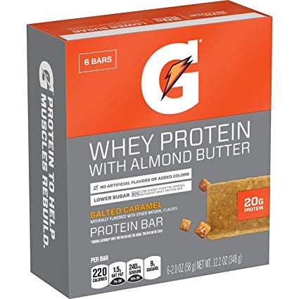 Gatorade Whey Protein Almond Butter Bars, Salted Caramel, 2.0 oz bars (Pack of 6, 20g of protein per bar)