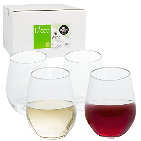 Unbreakable Wine Glasses - 100% Tritan - Shatterproof, Reusable, Dishwasher Safe (Set of 4 Stemless) by D'Eco