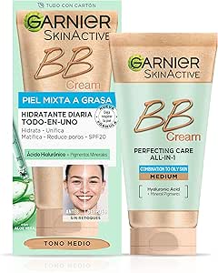 GARNIER Bb Cream Matificante Con Spf 25, Ácido Hialuróico, Extracto De Aloe Vera Y Pigmentos Minerales, Hidrata, Unifica, Corrige E Ilumina Piel 50 Ml- Tono Medio