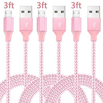 ONSON Micro USB Cable,3Pack 3FT Nylon Braided High Speed Android Charger USB to Micro USB Cable Samsung Fast Charger Charging Cord for Samsung Galaxy S7 Edge/S6/S4/Note 5/Note 4(Pink)