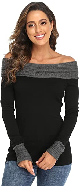 Dilgul Women's Off Shoulder Long Sleeve Pullover Sweater Boat Neck Color Block Sweaters Fitting Knit Jumper Tops