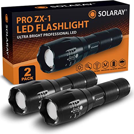 SOLARAY Handheld LED Tactical Flashlight â€“ Professional Series ZX-1 (2 Pack) - Super Bright Flashlights - High Lumen â€“ 5 Light Modes Adjustable Focus Water Resistant â€“ Perfect for Camping and Hiking