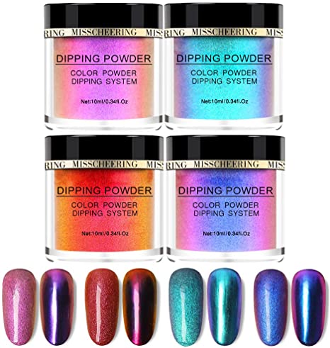Dip Powder Nail Starter Kit Acrylic Dipping System 4PCS Chameleon Acrylic Pigment Powder Without Lamp Cure Natural Dry Nail Art Mirror 10ml / Pot (A)