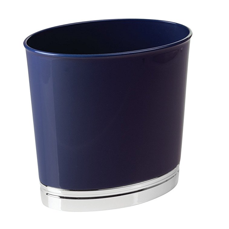 InterDesign York Oval Wastebasket Trash Can for Bathroom, Kitchen, Office - Navy Blue/Chrome