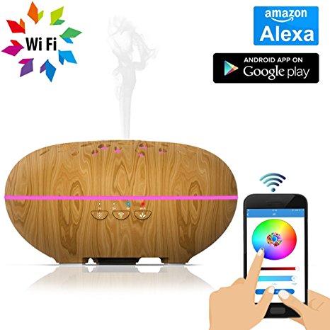 Aroma Essential Oil Diffuser, Okela Smart Wi-Fi Ultrasonic Cool Mist Humidifier Aromatherapy, Works with Alexa and Controlled by Phone App, Auto shut-off & Timing with LED Lights Changing- Wood Grain