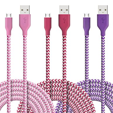 [3 Pack] Fasgear Micro USB(10ft) - Durable Charging Cables [Braided Nylon] for Samsung, Nexus, LG, Android Smartphone and More (Purple,Rose,Pink)