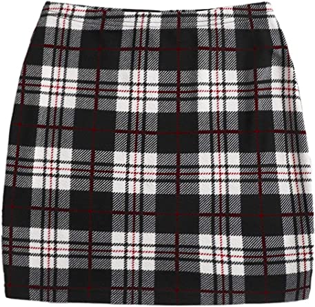 DIDK Women's Casual Tartan Plaid High Waist Bodycon Mini Skirt